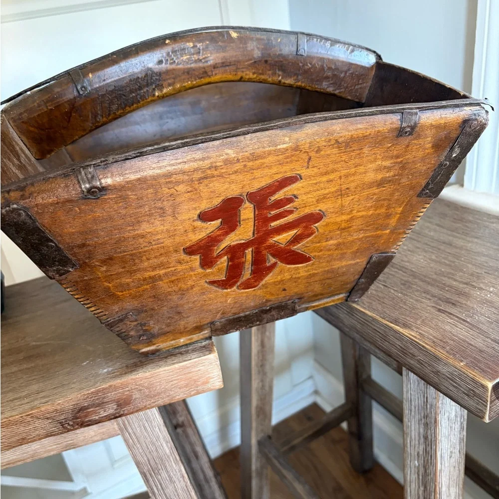 Antique LARGE Chinese Wooden IRON Rice gathering Grain Bucket